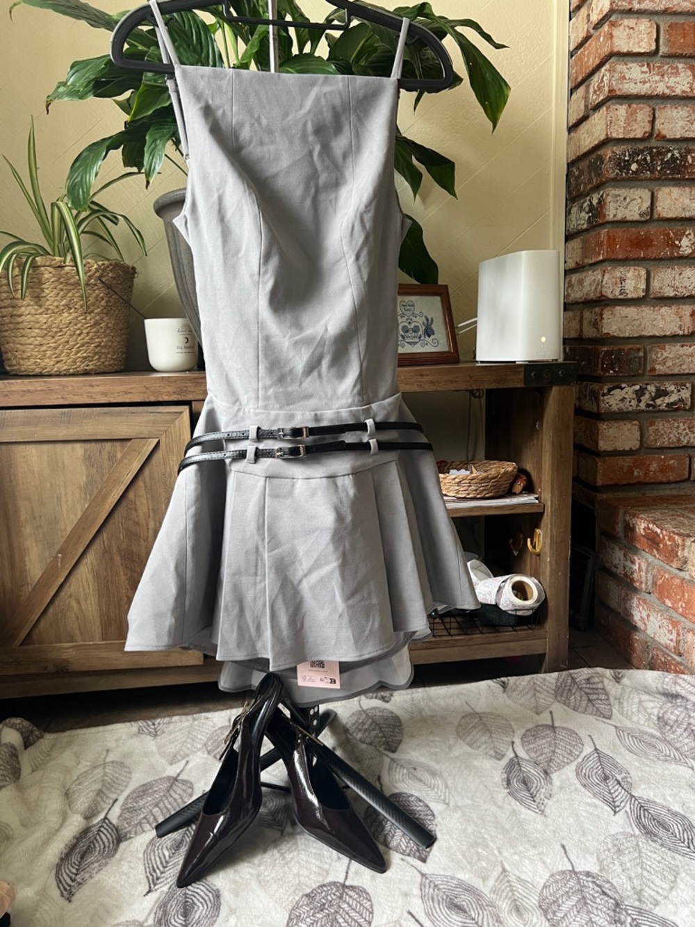 Oh Polly Gray Pleated Mini Dress with Double Strap Detail